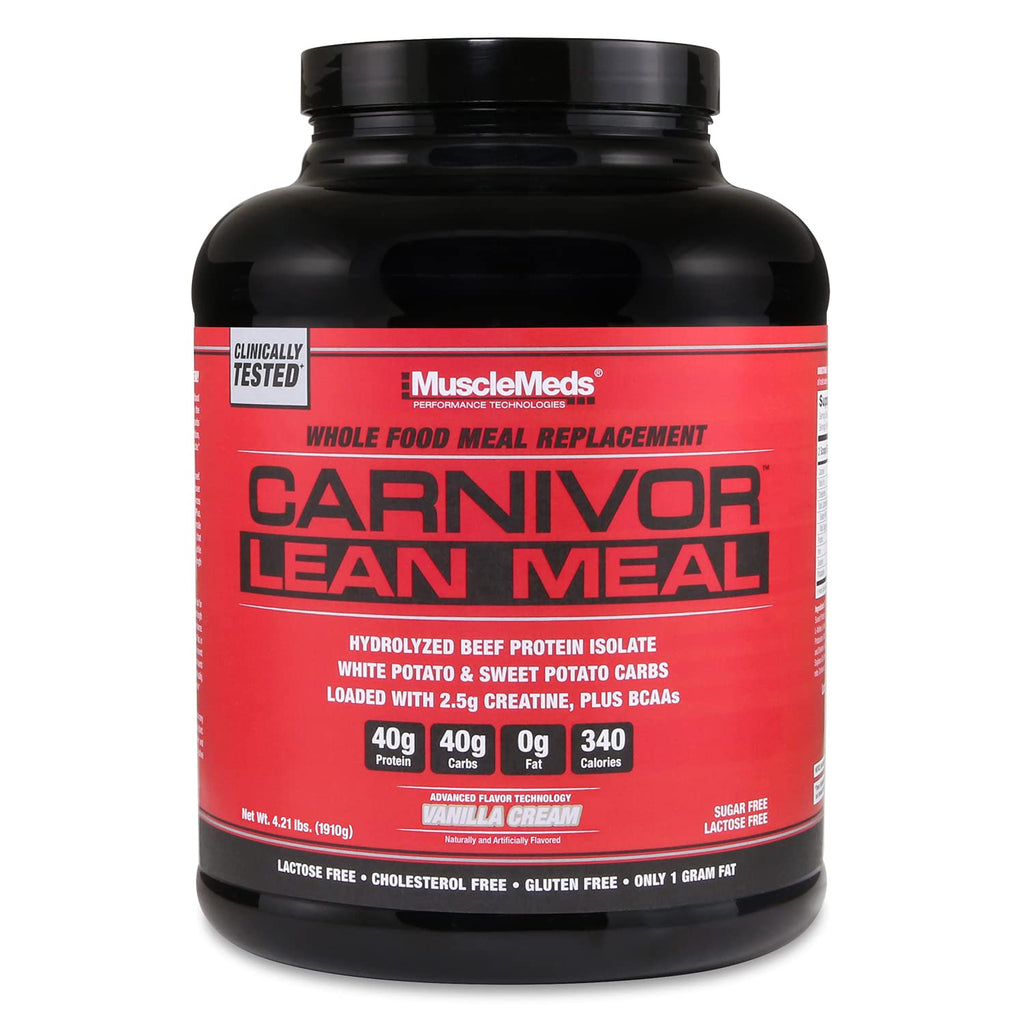 MuscleMeds CARNIVOR LEAN MEAL whole food meal replacement shake MRE beef protein isolate white potato sweet potato 40g protein 40 g carbs lactose free sugar free Vanilla Cream 20 servings