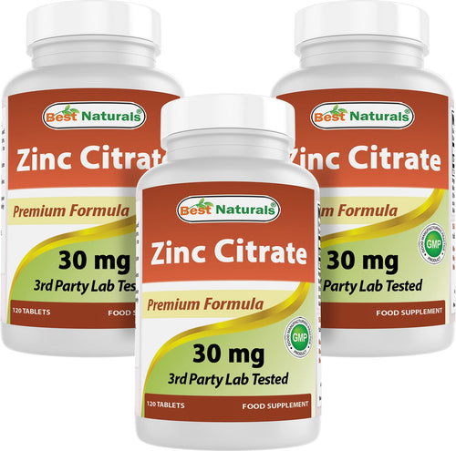 Best Naturals Zinc 30mg Supplements (as Zinc Citrate) - zinc Vitamins for Adults Immune Support - 120 Tablets (120 Count (Pack of 3)) - Unique Health