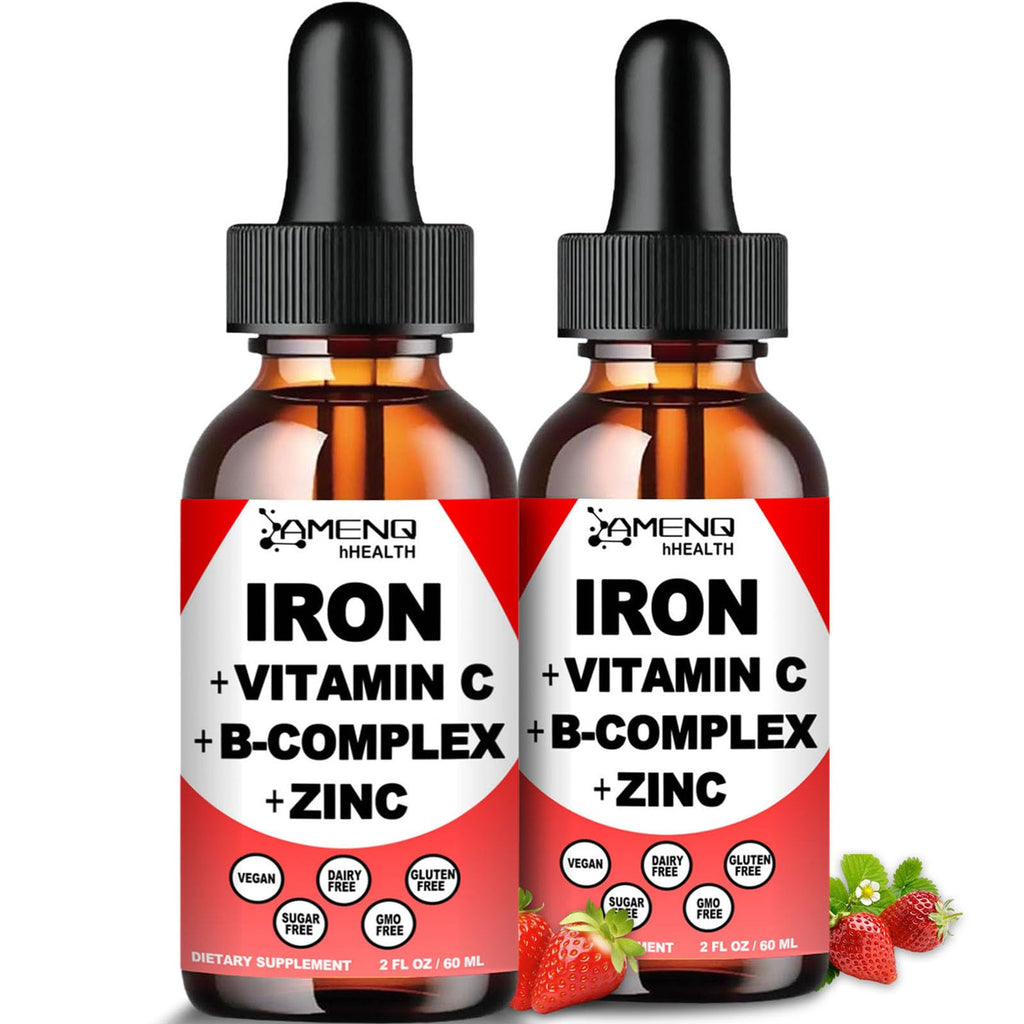 2 Pack Liquid Iron Supplement w/ Vitamin C A B-Complex Vegan Iron Drops High Potency Liquid Vitamin & Iron Supplements for Women Men & Children -Support Red Blood Cell Energy Anemia & Fatigue