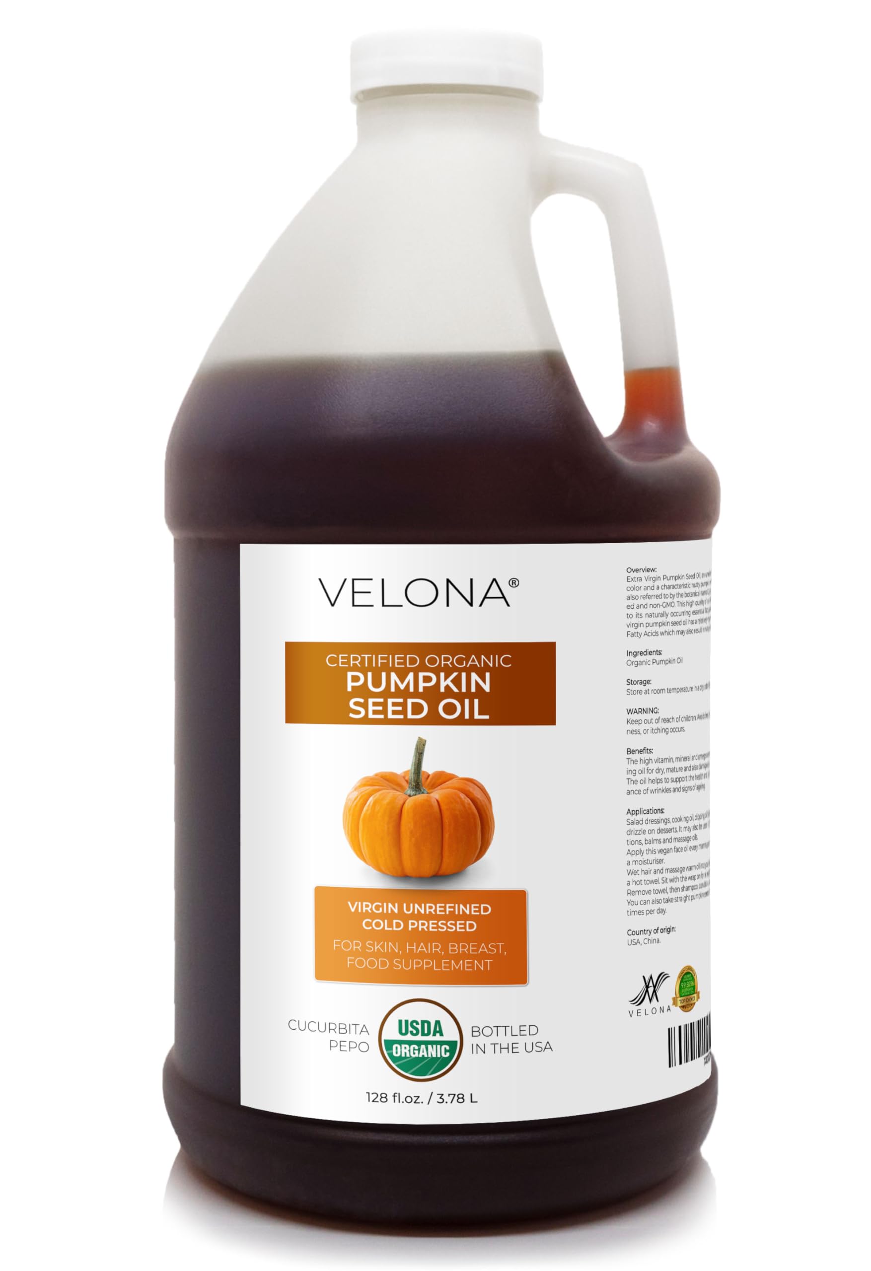 velona Pumpkin Seed Oil USDA Certified Organic - 1 Gallon / 128 Fl Oz | 100% Pure and Natural Carrier Oil | Unrefined Cold Pressed | Cooking Face Hair Body & Skin Care | Use Today - Enjoy Results