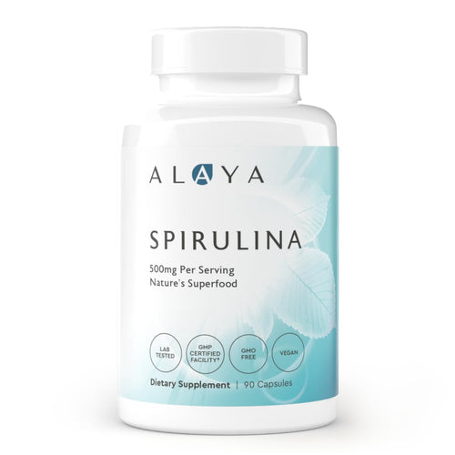Alaya Naturals - Pure Spirulina Capsules - Made with Earthrise Spirulina Blue Green Algae Superfood - Non-GMO & Vegan - 500 mg 90 Capsules - Unique Health