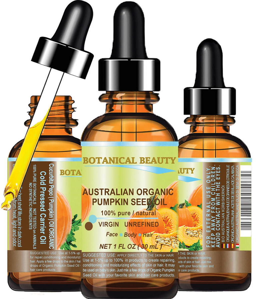 ORGANIC PUMPKIN SEED OIL Australian. 100% Pure/Natural/Undiluted/Unrefined Cold Pressed Carrier Oil. 1 Fl.oz.- 30 ml. For Skin Hair Lip And Nail Care. "One Of The Richest Sources Of Enzymes