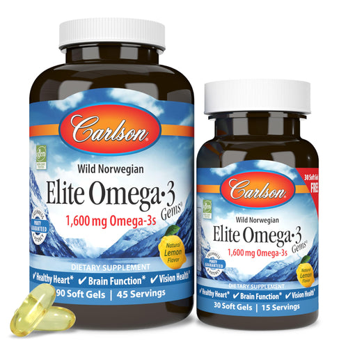 Carlson Elite Omega-3 Gems 1600 mg Omega 3 Fatty Acids Including EPA & DHA - Norwegian Wild-Caught Sustainably Sourced Fish Oil Supplement Omega 3 Fish Oil Capsules Lemon - 90+30 Softgels - Unique Health