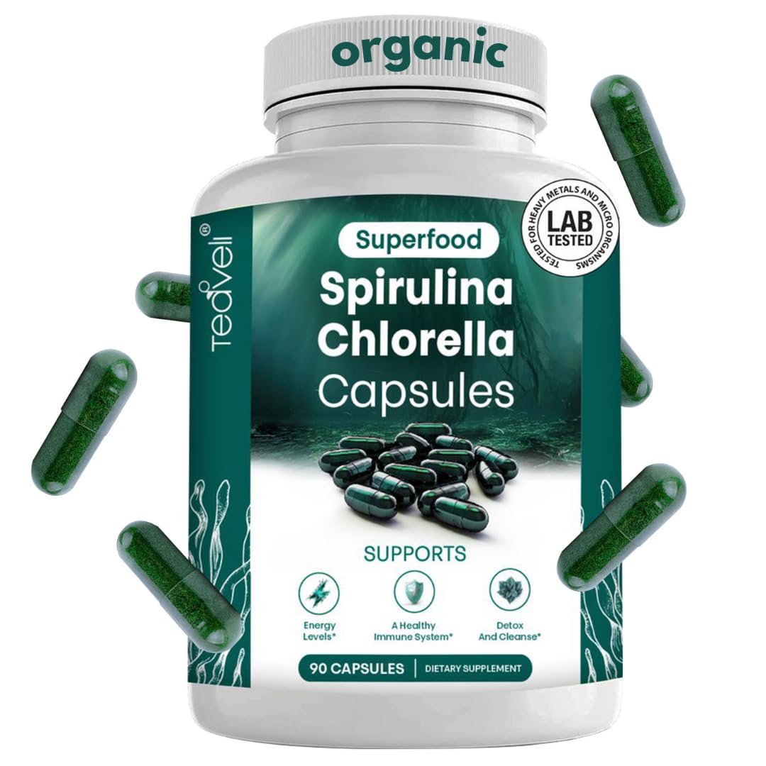 Organic Spirulina and Chlorella Capsules – Chlorophyll Pills & Blue Green Algae to Support Powerful Detox Energy & A Healthy Immune System– 3X More Chlorella Spirulina Powder/Serving – 90 Ct