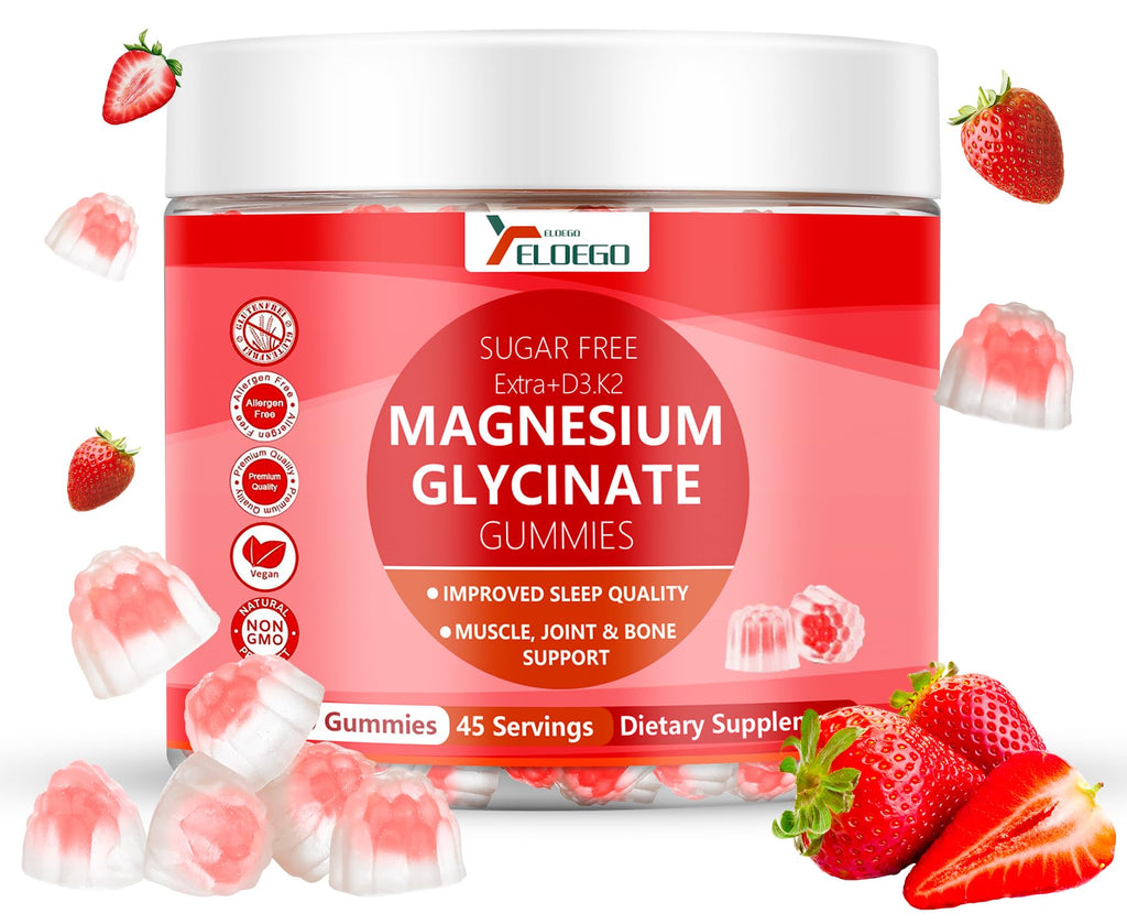 Magnesium Gummies 600mg per Serving-Magnesium Glycinate 400mg and Magnesium Malate 200mg Extra K2 & D3 High Absorption Magnesium Supplement for SleepStress Relief Nerve SupportStrawberry(90 CT)