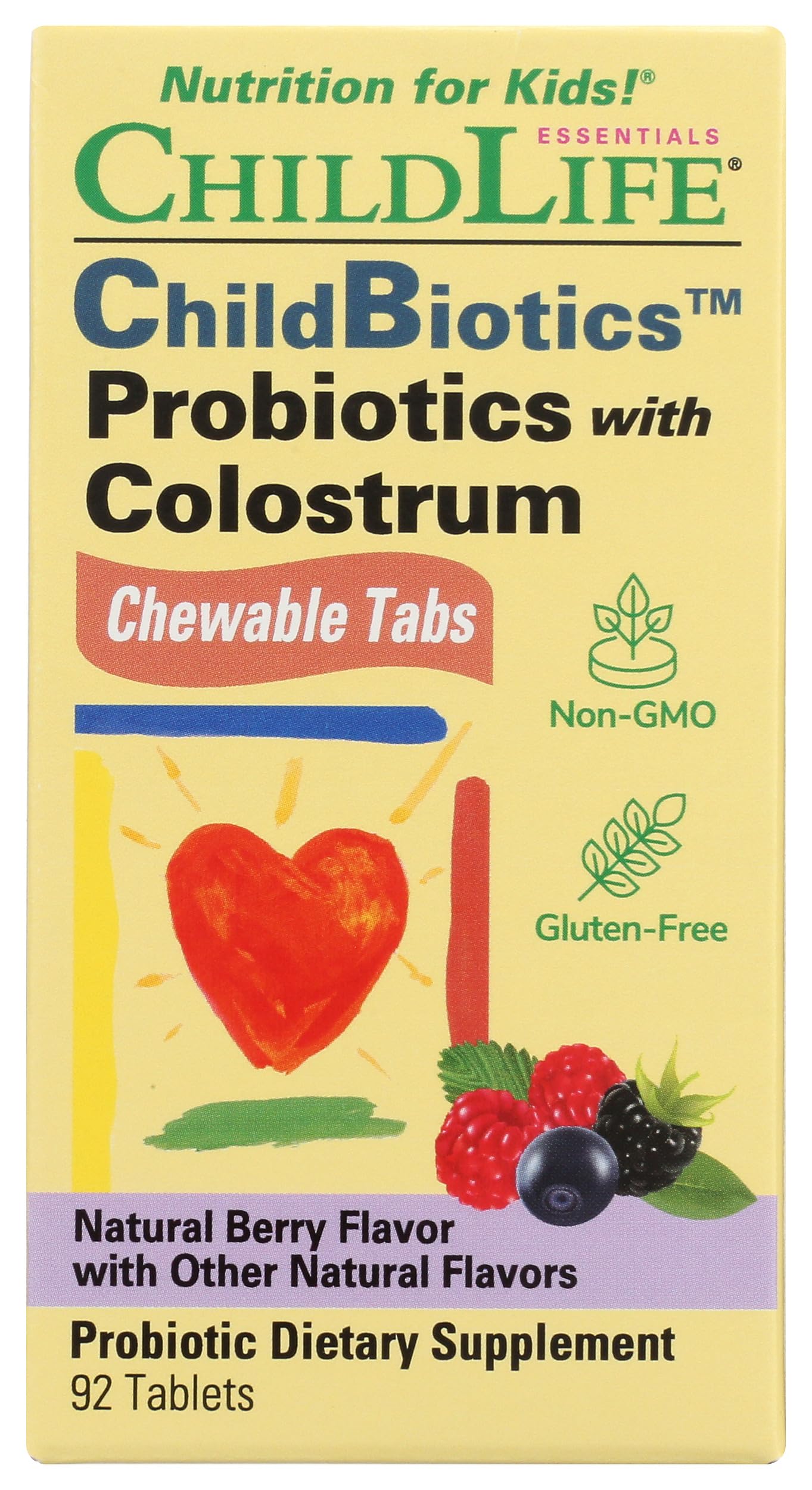 CHILDLIFE ESSENTIALS ChildBiotics with Colostrum- Probiotics for Kids Probiotics for Digestive Health Chewables Childrens Probiotic Colostrum for Kids Gluten Free - Natural Berry 92 Tablets