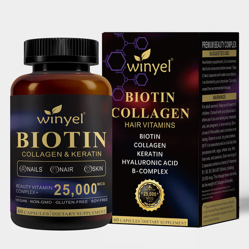 Biotin  Collagen  Hyaluronic Acid  Keratin - Support Normal Hair Growth Cycle - Skin & Nails - 25000mcg Vitamins B1, B2, B3, B6 & B7 - For Women & Men 60 Capsules - Unique Health