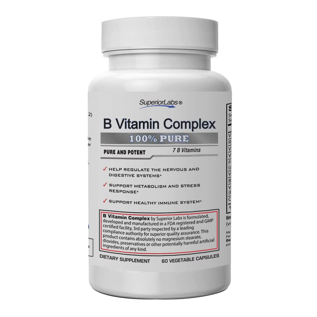 Superior Labs B Vitamin Complex - Superior Absorption - 100% NonGMO Safe from Additives Stearates Gluten and Other Allergens - Regulate Digestive System and Support Metabolism - 60 Vegetable Caps - Unique Health