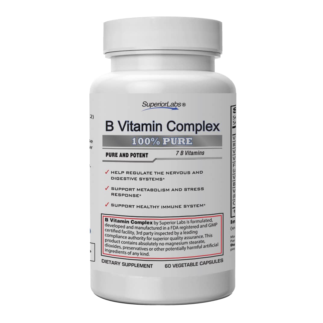 Superior Labs B Vitamin Complex - Superior Absorption - 100% NonGMO Safe from Additives Stearates Gluten and Other Allergens - Regulate Digestive System and Support Metabolism - 60 Vegetable Caps - Unique Health