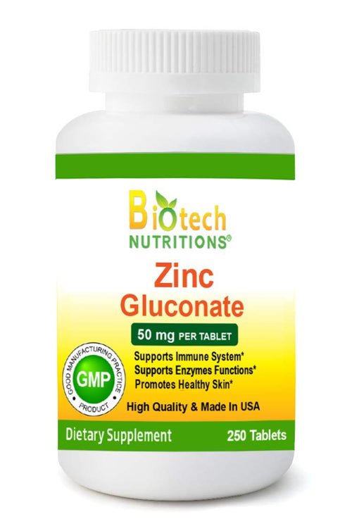 Biotech Nutritions Zinc Gluconate 50 mg 250 Tablets Made in USA Vegetarian/Vegan Zinc Gluconate - Unique Health