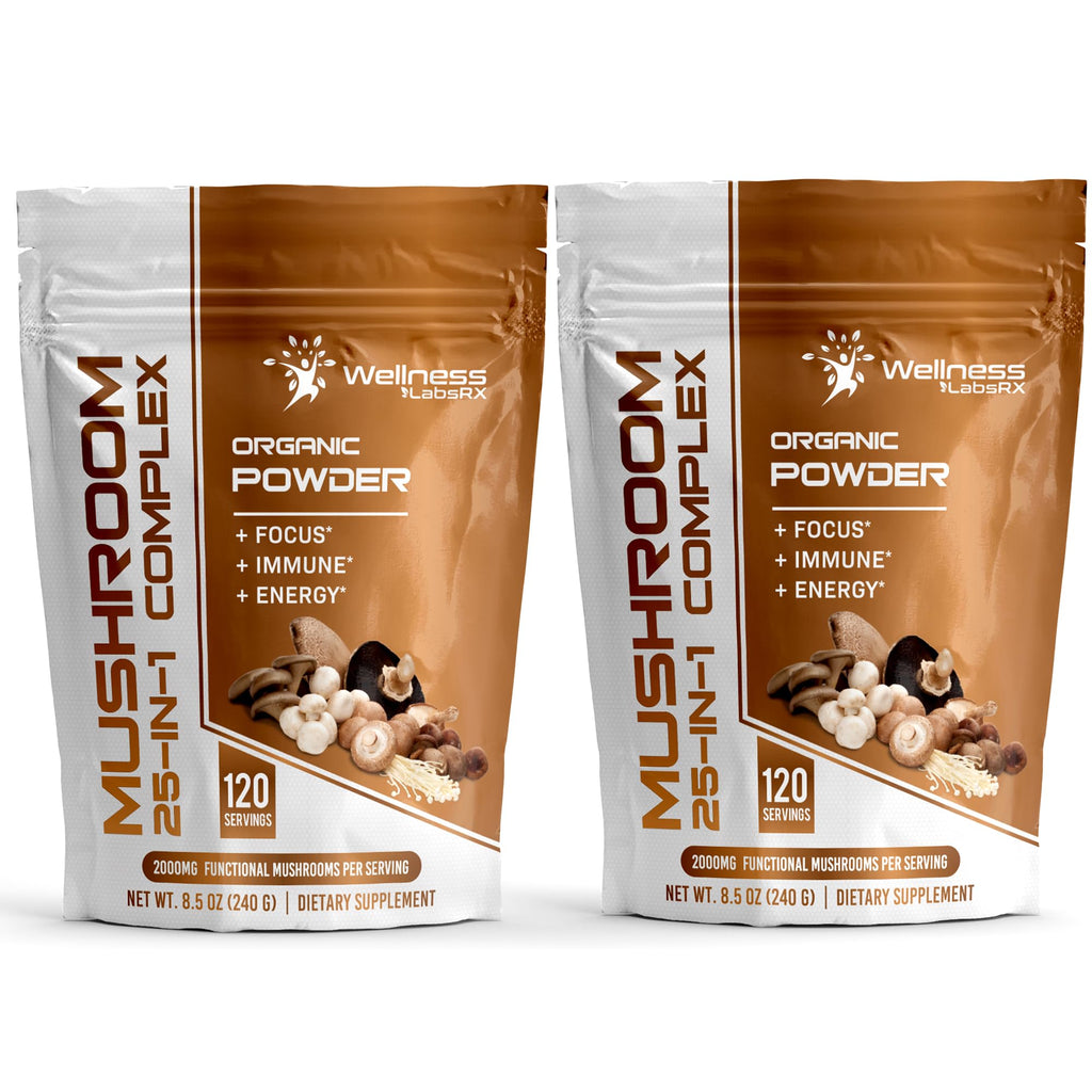 WELLNESS LABSRX Mushroom Powder 25 in 1 Mushrooms Supplement - 2000mg 25 Superfood Mishroom Lions Mane Powder with Chaga Shiitake Cordyceps Reishi - Lions Mane Mushroom - Pack of 2