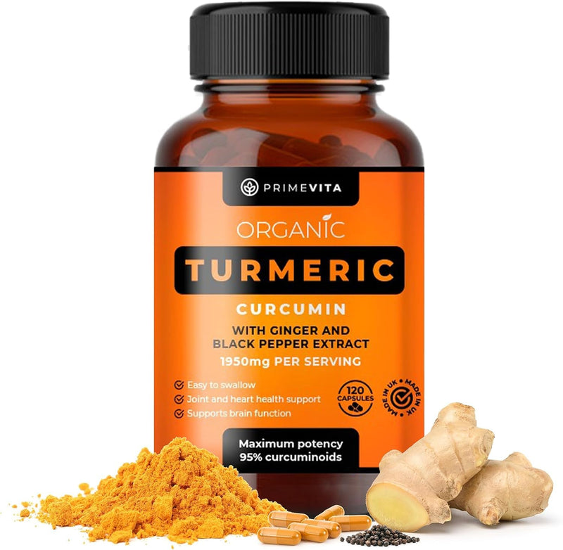 PRIMEVITA Organic Turmeric Curcumin 1950mg with Black Pepper Ginger Supplement - 95% Standardized Curcuminoids - Turmeric Capsules Natural Skin Joint Support - Halal Kosher Vegan 120 Capsules - Unique Health