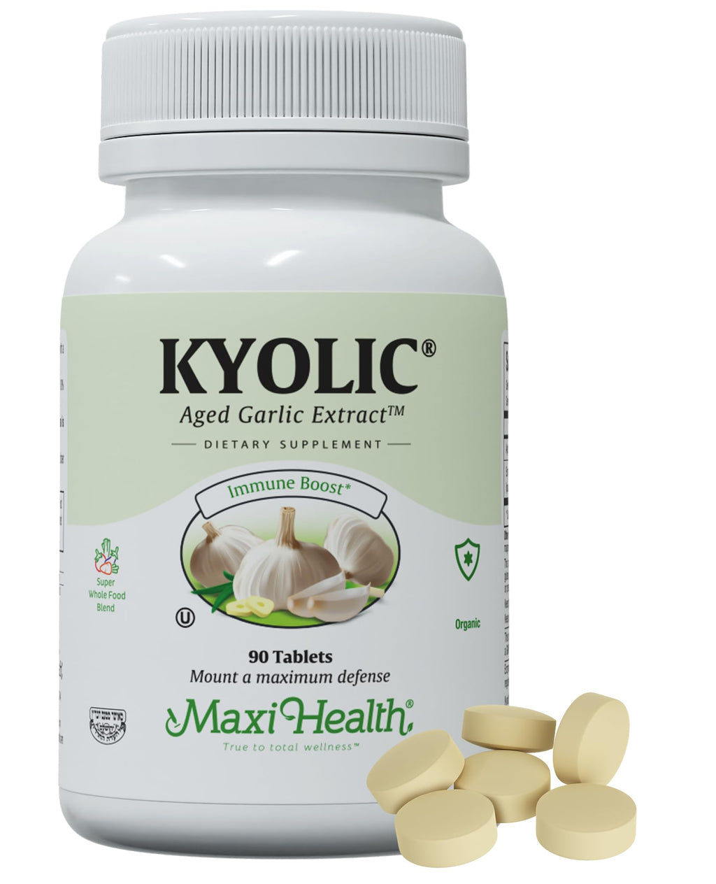 Maxi Health Kyolic Organic Garlic Supplement - Kosher Garlic Tablets with Kyolic Aged Garlic Extract for Immune Support - Vegetarian Garlic Pills (90 Count)
