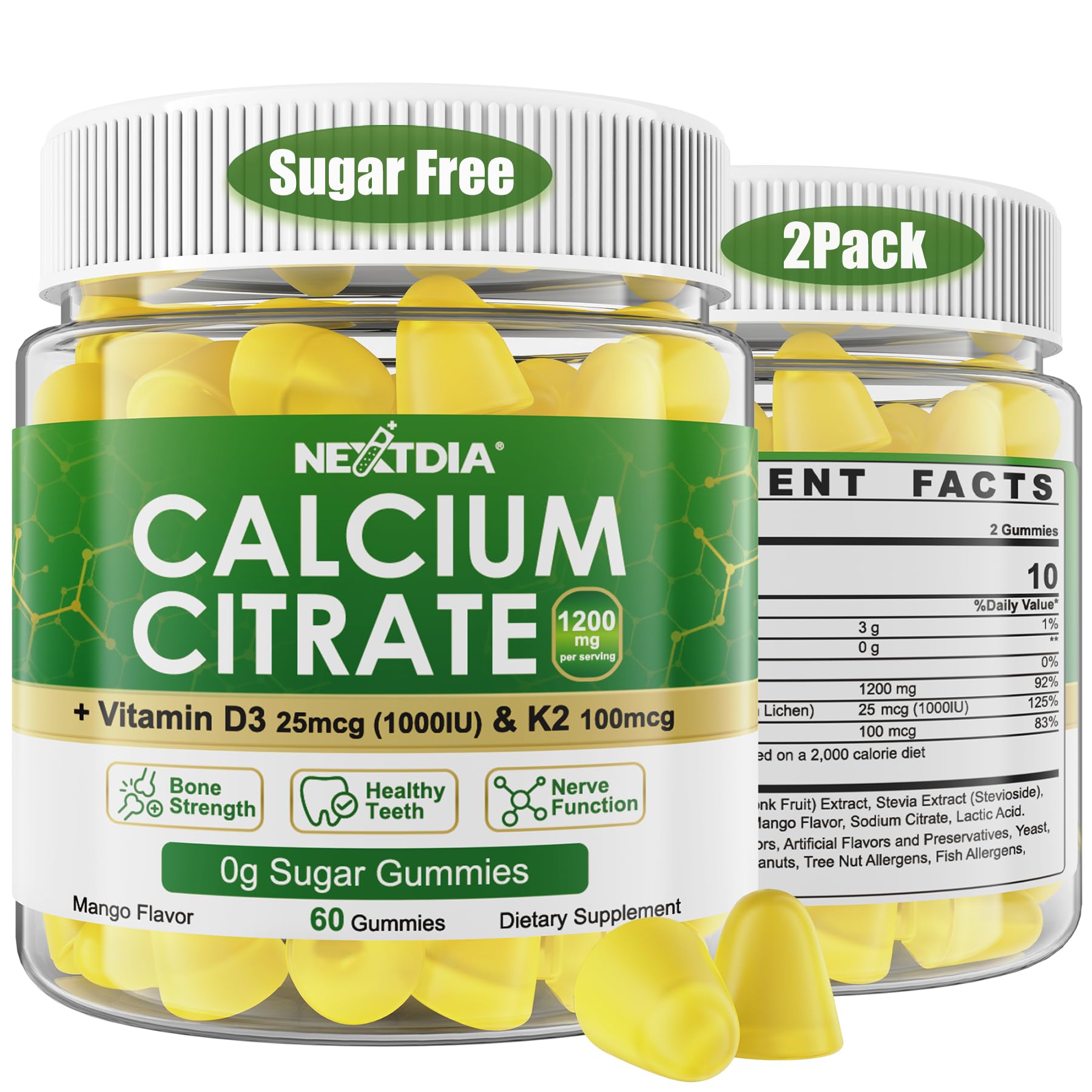 Vigan Calcium Citrate Gummies 1200mg with Vitamin D3 1000iu K2 100mcg Mk-7  (120 Count)