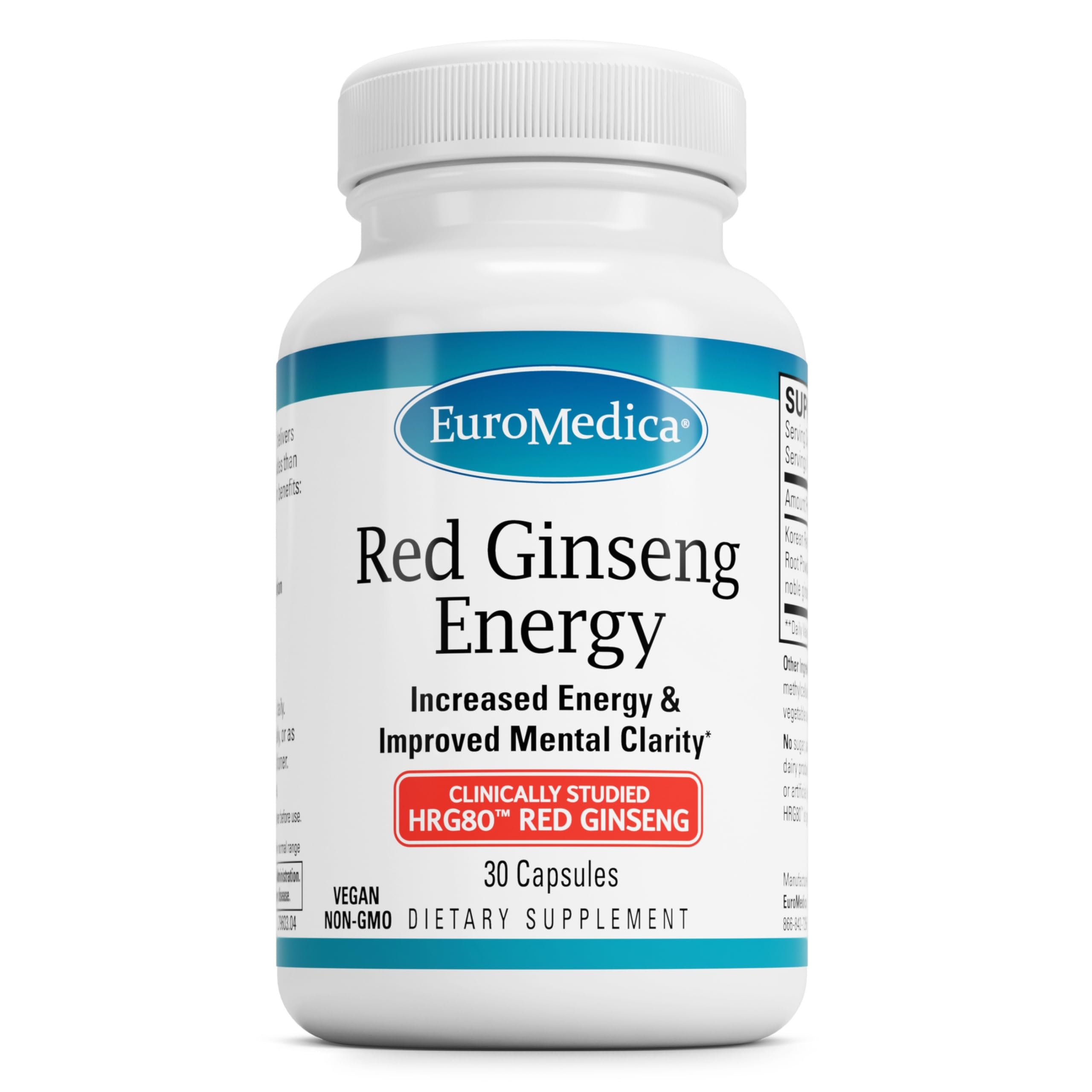 Euromedica Red Ginseng Energy - 30 Capsules - Features HRG80 - Energy Focus Stamina - 7X More Powerful Than Conventional Ginseng - Non-GMO Vegan - 30 Servings