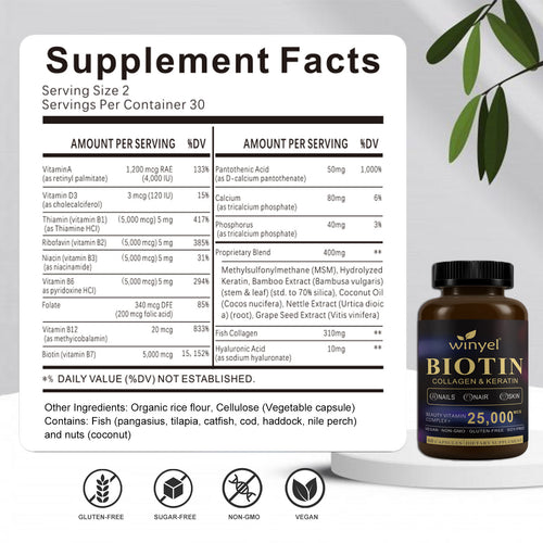Biotin  Collagen  Hyaluronic Acid  Keratin - Support Normal Hair Growth Cycle - Skin & Nails - 25000mcg Vitamins B1, B2, B3, B6 & B7 - For Women & Men 60 Capsules - Unique Health