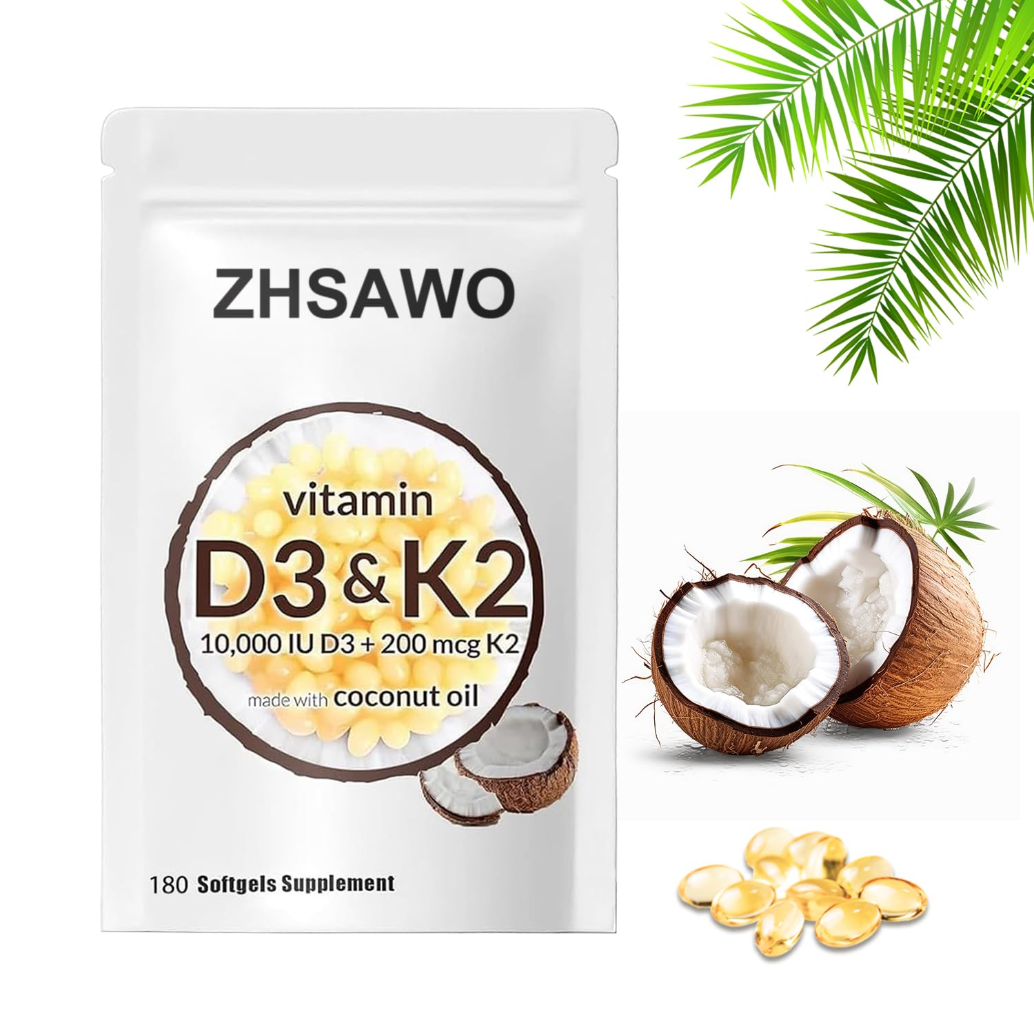 Zhsawolly 2-in-1 Vitamin D3 K2 Supplement Softgel，D3 K2 Vitamin 10000 iu Aiding in Calcium Absorption (180pcs) - Unique Health