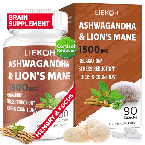 Ashwagandha & Lions Mane Supplement Capsules Brain Supplements for Memory and Focus Stress & Cortisol Reducer Ashwagandha Supplements with Rhodiola & Black Peppe Mushroom Supplement 90 Caps - Unique Health