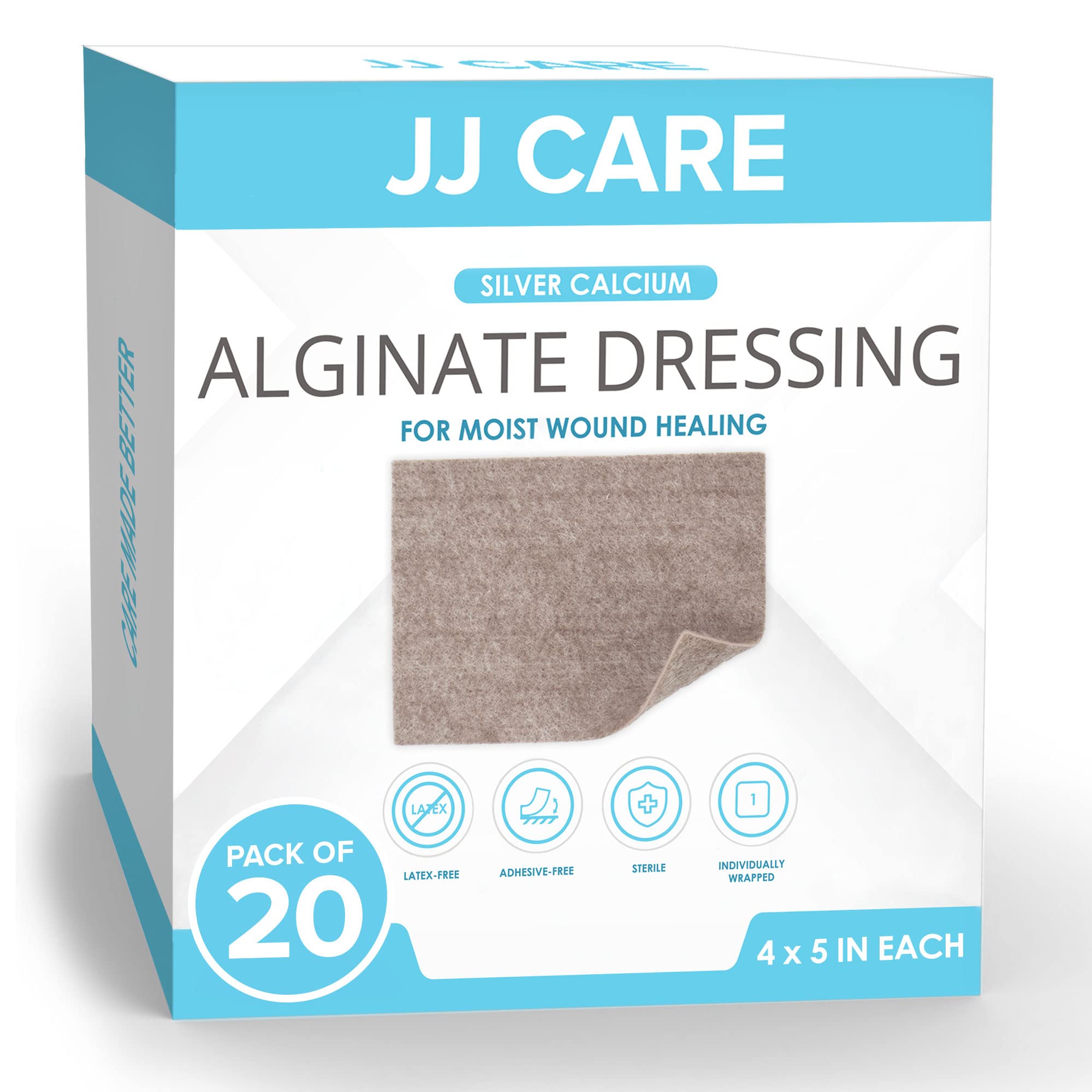 JJ CARE Silver Calcium Alginate Wound Dressing (Pack of 20) 4x5 Calcium Alginate Wound Dressing Individually Packed Calcium Alginate Highly Absorbent Silver Wound Dressing