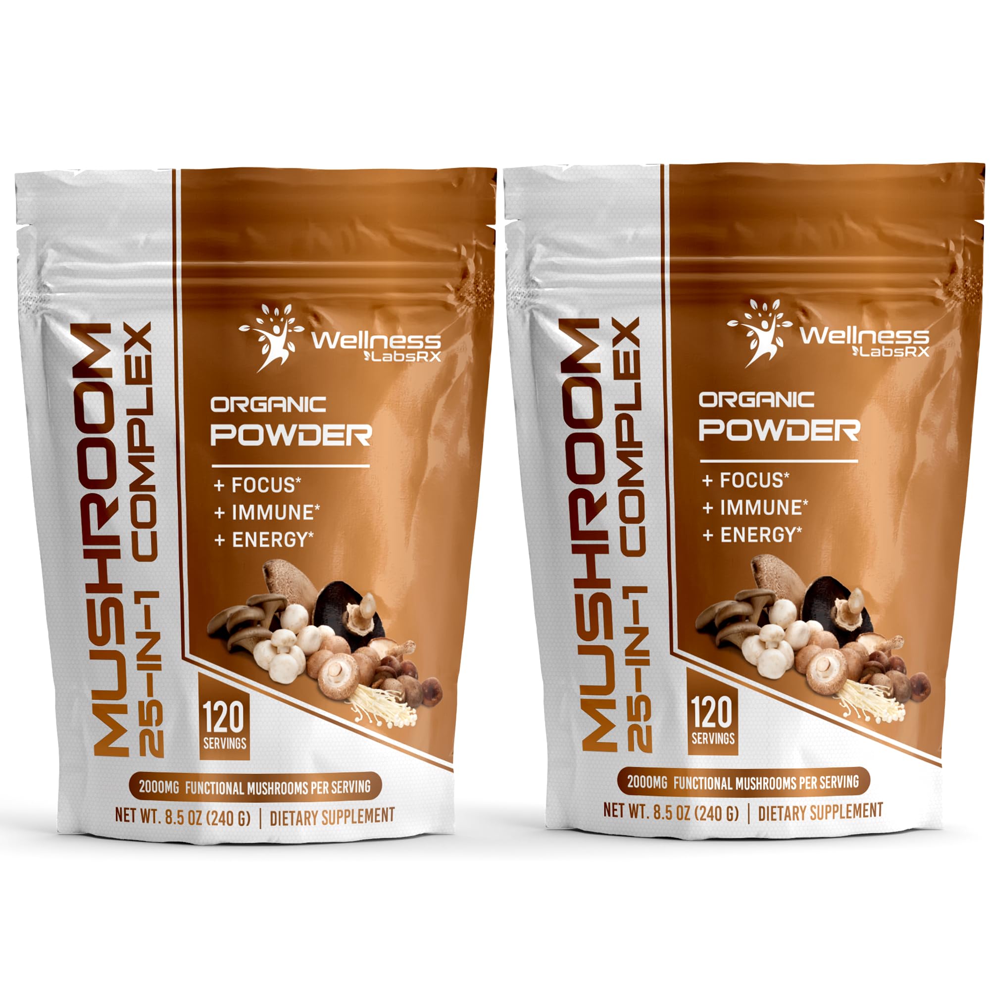WELLNESS LABSRX Mushroom Powder 25 in 1 Mushrooms Supplement - 2000mg 25 Superfood Mishroom Lions Mane Powder with Chaga Shiitake Cordyceps Reishi - Lions Mane Mushroom - Pack of 2