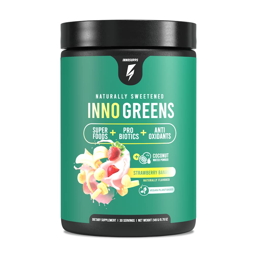 Inno Greens | 28+ Organic Greens & Superfoods | Advanced Prebiotics + Probiotics | Super Antioxidant + Hydration | Spirulina Chlorella Ashwagandha | Natural | 30 Servings (Strawberry Banana)