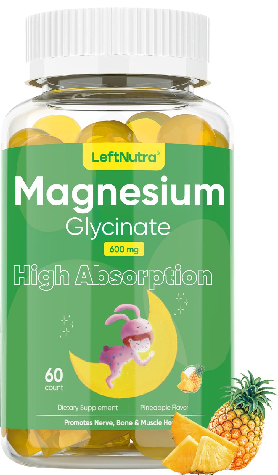 Magnesium Glycinate Gummies 600mg for Adult Magnesium for Sleep Calm Magnesium Gummies for Relaxation Stress Relief Muscle Nerve Bone Support Magnesium Sleep Gummies Pineapple Flavor 60 Count - Unique Health