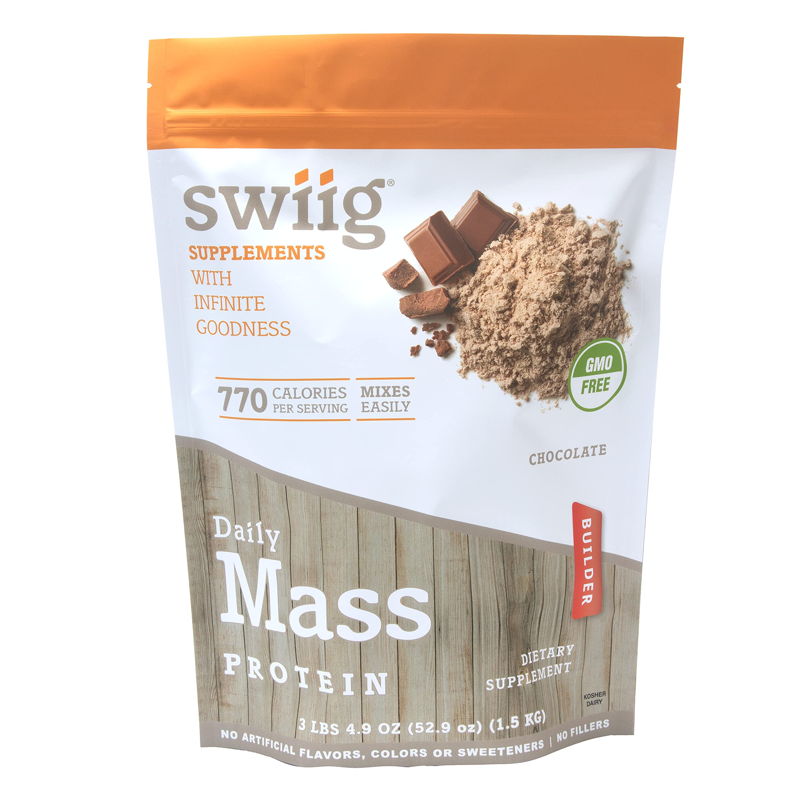 swiig Mass Builder Protein Powder Chocolate No GMO Ingredients No Artificial Flavors Colors or Sweeteners No Fillers 3.3 Pound Bag